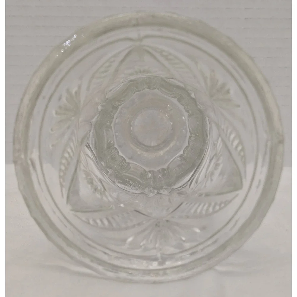Vtg Clear Pressed Glass Pedestal Vase, Scalloped Fan Diamond Rim Footed Trumpet